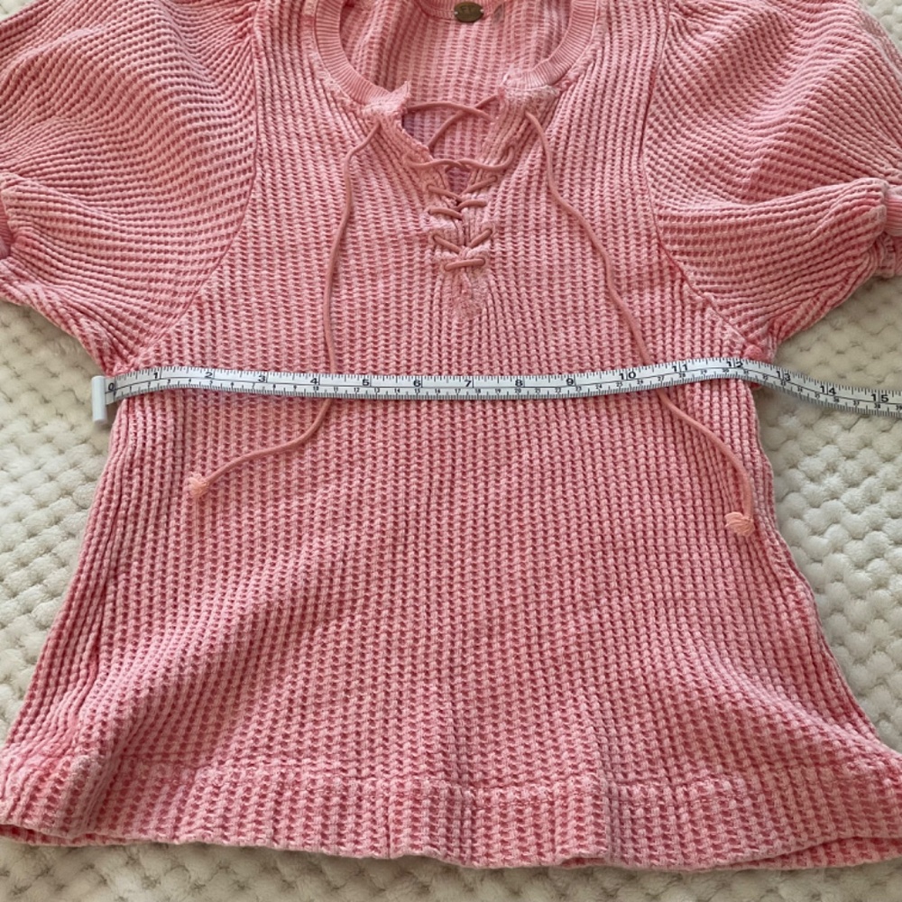 Free‎ People FP One Hayden Pink Puff Sleeve Lace Up Thermal Top - Size XS - Picture 9 of 10